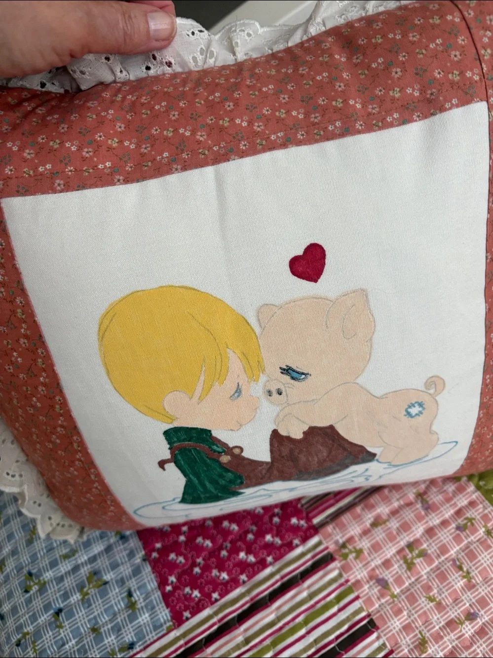Vintage Precious Moments Boy and Pig Painted Pillow